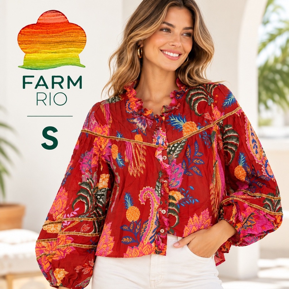 Farm Rio Blouse Women S Red Tropical Pineapple Print Ruffle Velvet Trim Top